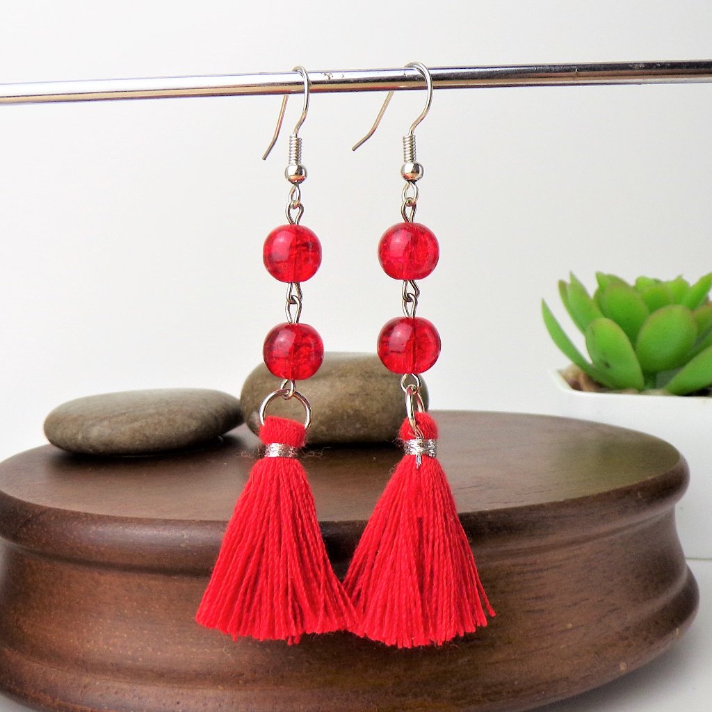 Red Crackle Glass Bead Tassel Earrings 10$